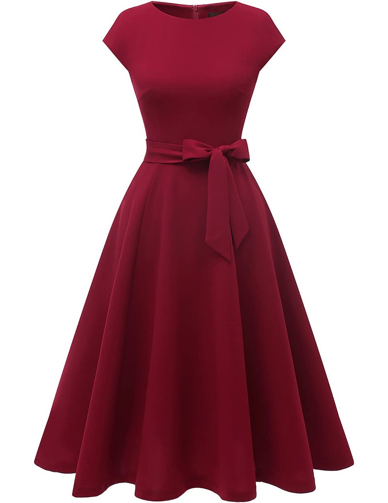 DRESSTELLS Red Valentines Party Date Night Dress, Women's Cocktail Formal Wedding Guest 50s Vintage Tea Party Aline Midi Modest Prom Dress Burgundy XL - Image 1